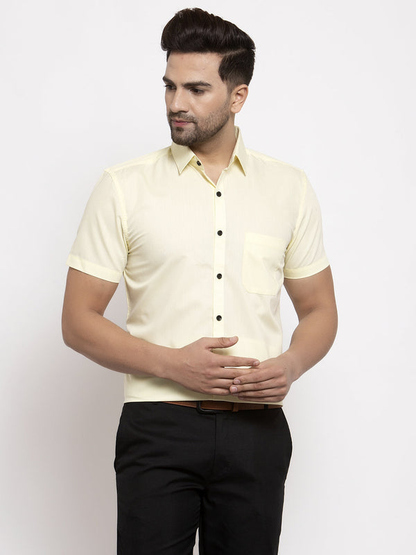 Jashvi Yellow Men's Cotton Half Sleeves Solid Formal Shirts