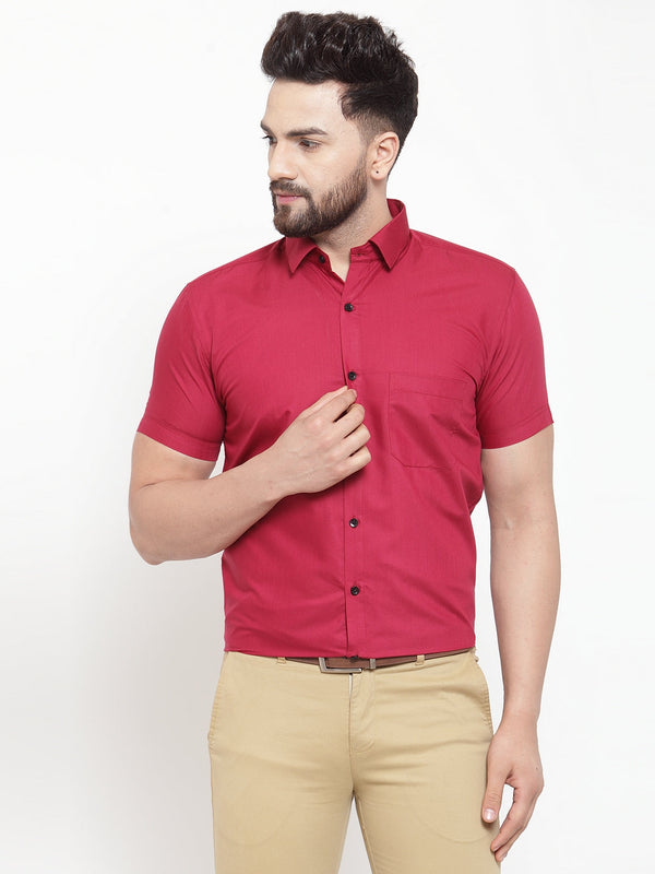 Jashvi Maroon Men's Cotton Half Sleeves Solid Formal Shirts