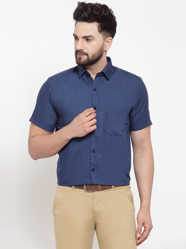 Jashvi Blue Men's Cotton Half Sleeves Solid Formal Shirts