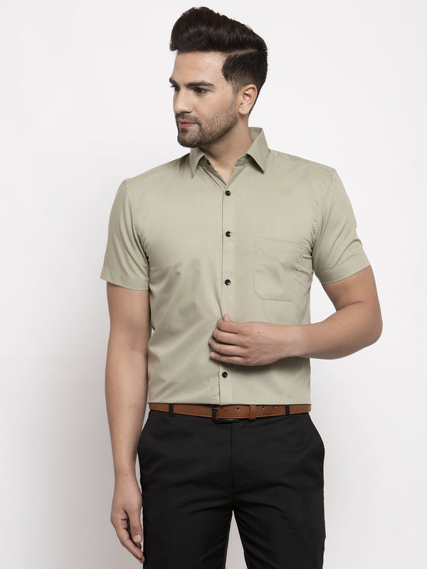 Jashvi Green Men's Cotton Half Sleeves Solid Formal Shirts