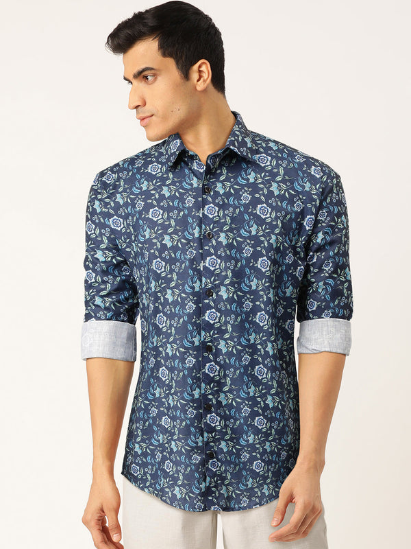 Jashvi Blue Men's Cotton Printed Formal Shirt's