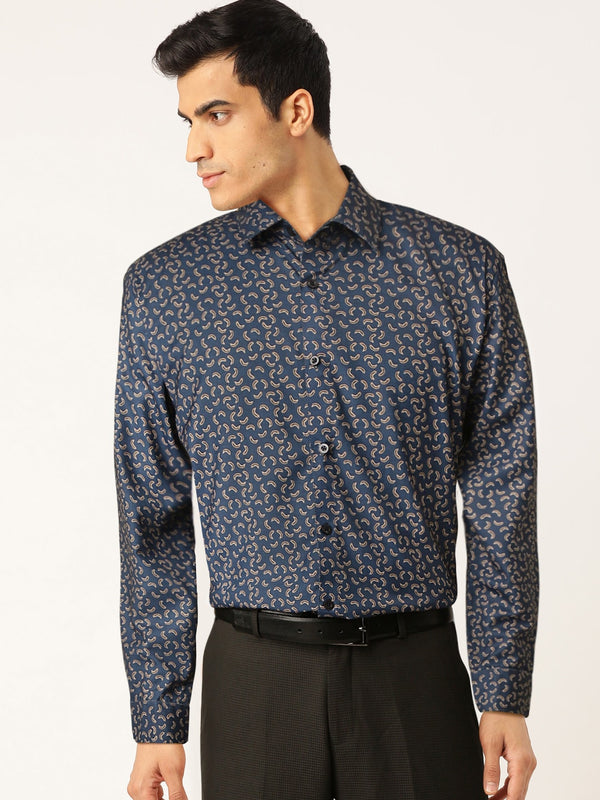 Men's Navy Cotton Printed Formal Shirt's ( SF 756Navy ) - Jainish