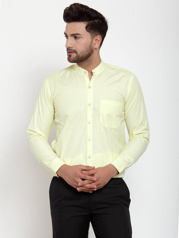 Men's Green Cotton Solid Mandarin Collar Formal Shirts ( SF 757Lime ) - Jainish