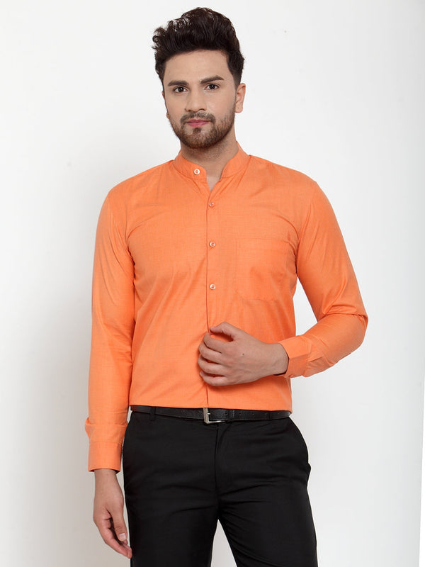 Men's Orange Cotton Solid Mandarin Collar Formal Shirts ( SF 757Orange ) - Jainish