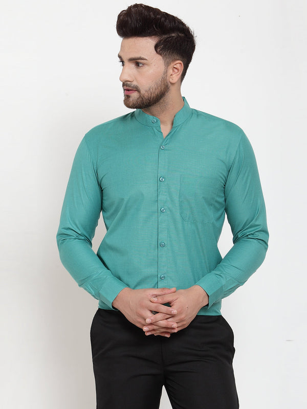 Men's Green Cotton Solid Mandarin Collar Formal Shirts ( SF 757Pista ) - Jainish