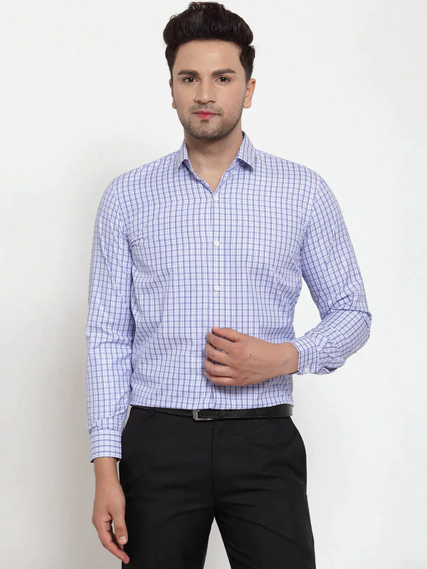 Men's Blue Cotton Checked Formal Shirt's - Taantav