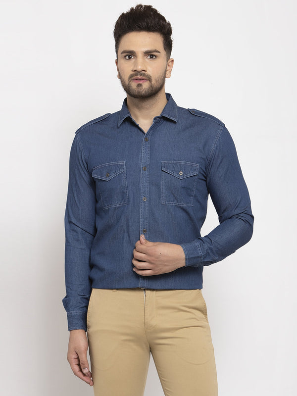 Men's Navy Denim Solid Formal Shirt's ( SF 763Navy ) - Jainish