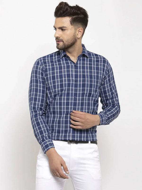 Men's Blue Cotton Checked Formal Shirt's - Taantav