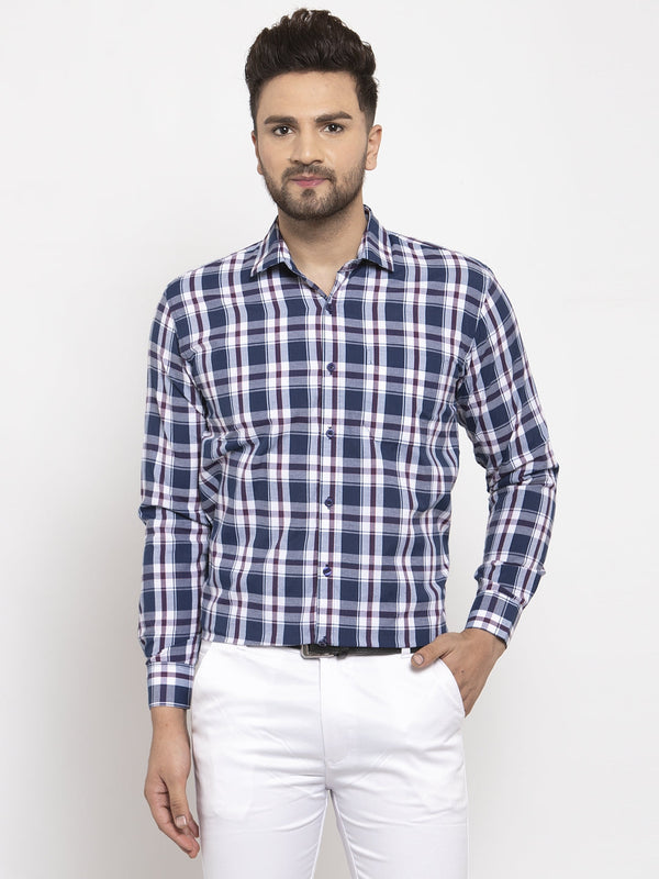 Men's Navy Cotton Checked Formal Shirt's ( SF 764Navy ) - Jainish