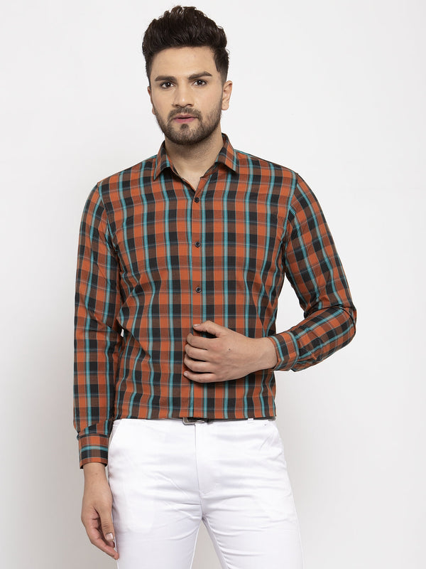 Men's Orange Cotton Checked Formal Shirt's ( SF 764Orange ) - Jainish