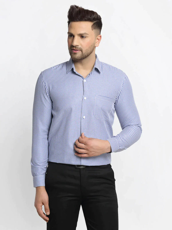 Men's Blue Cotton Checked Formal Shirt's - Taantav