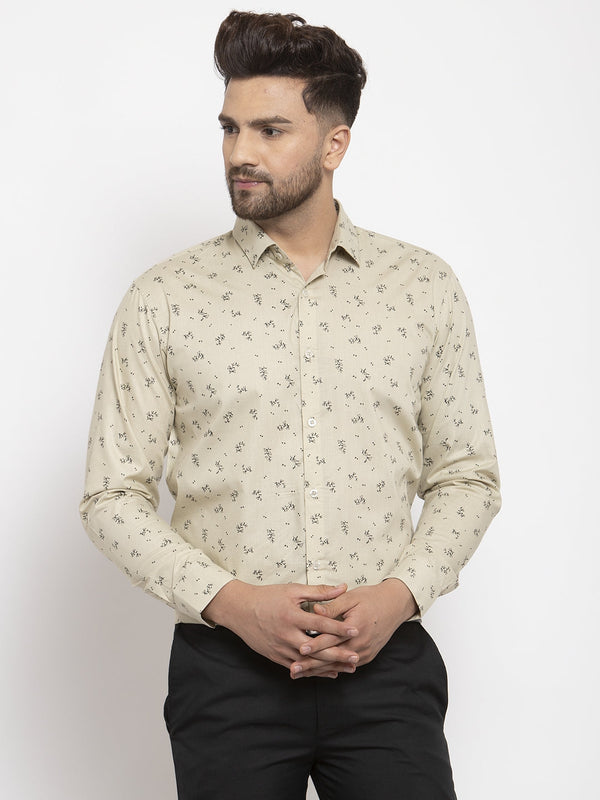 Jashvi Cream Men's Cotton Printed Formal Shirt's