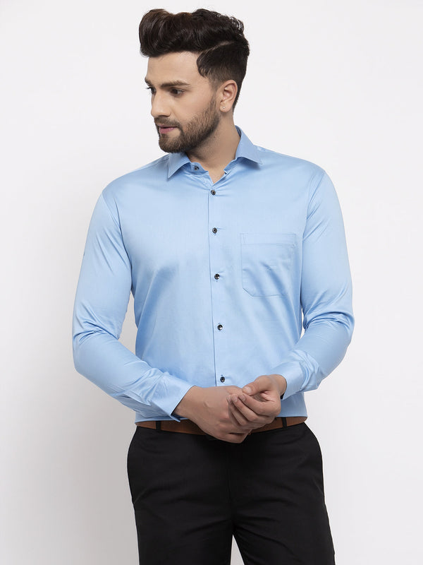 Jashvi Blue Men's Cotton Solid Formal Shirt's