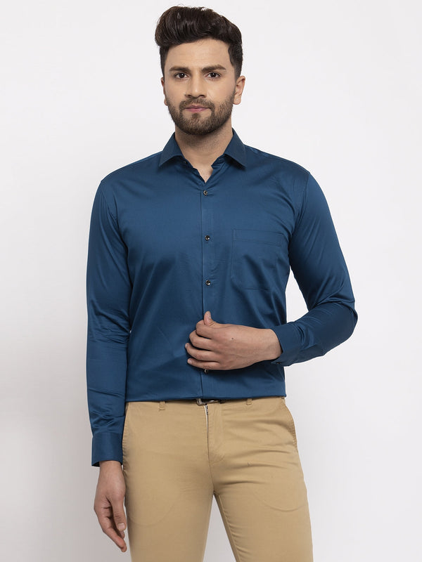 Jashvi Navy Men's Cotton Solid Formal Shirt's