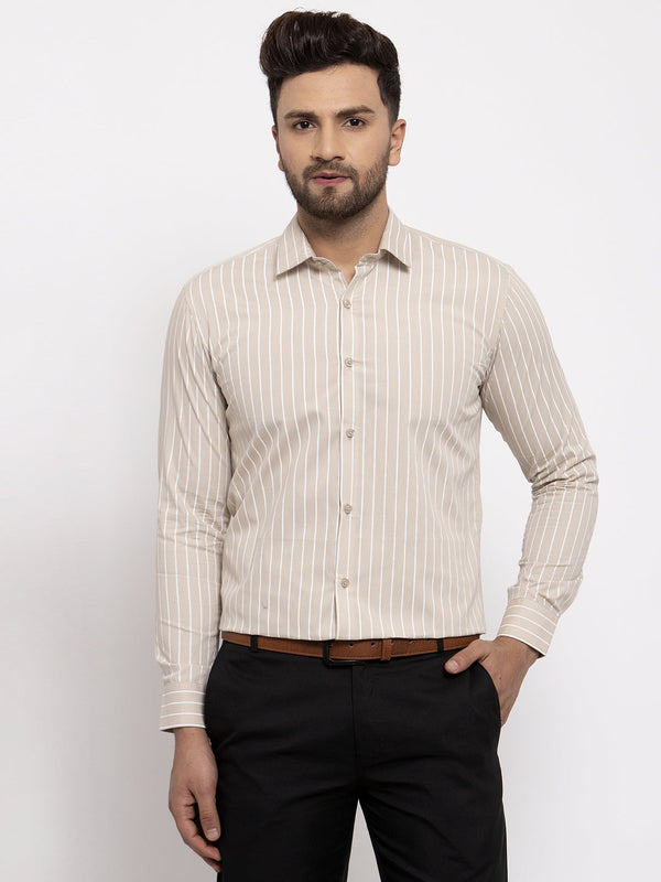 Jashvi Cream Men's Cotton Striped Formal Shirt's