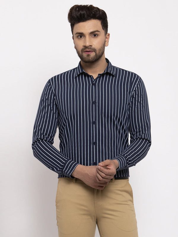 Jashvi Navy Men's Cotton Striped Formal Shirt's