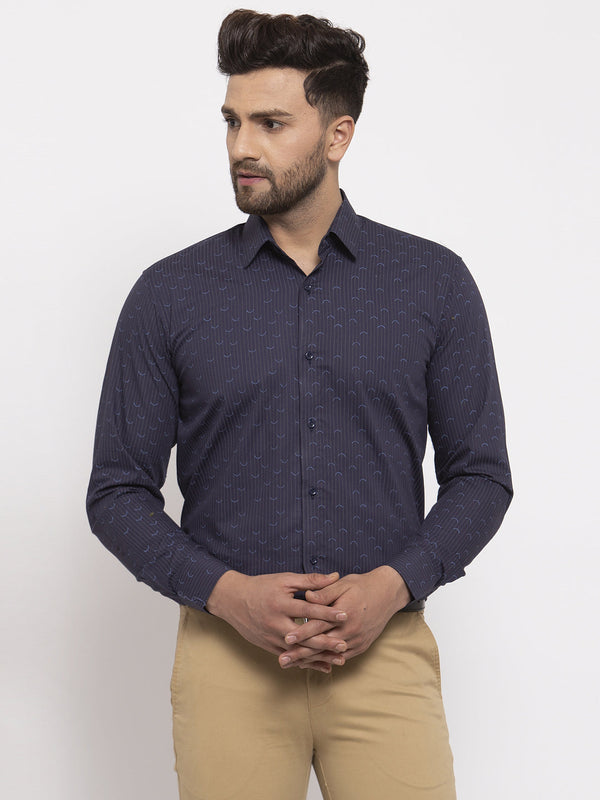 Men's Navy Cotton Printed Formal Shirt's ( SF 773Navy ) - Jainish