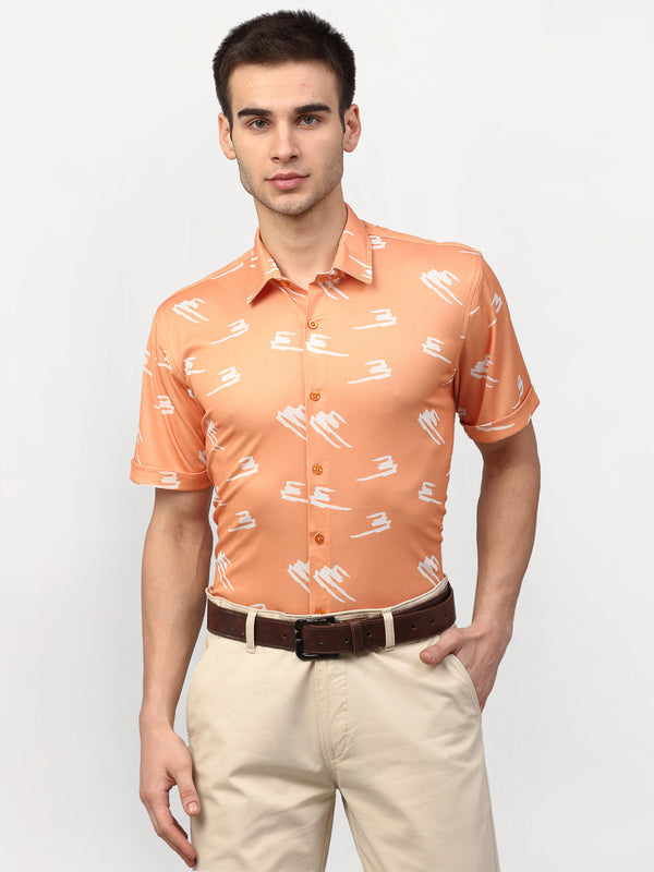 Jashvi Peach Men's Printed Lycra Half Sleevess Formal Shirts