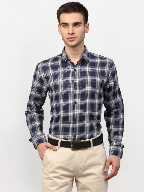 Men's Navy Blue Checked Formal Shirts ( SF 779Navy ) - Jainish