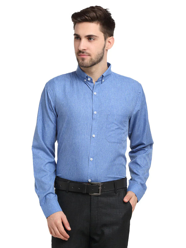 Men's Blue Button Down Collar Cotton Formal Shirt - Taantav