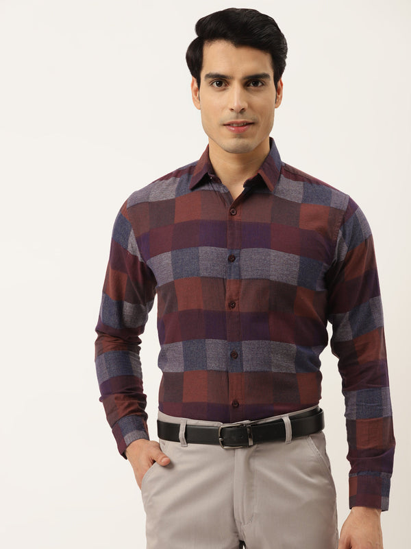 Men's Brown Formal Cotton Checked Shirt ( SF 787Brown ) - Jainish