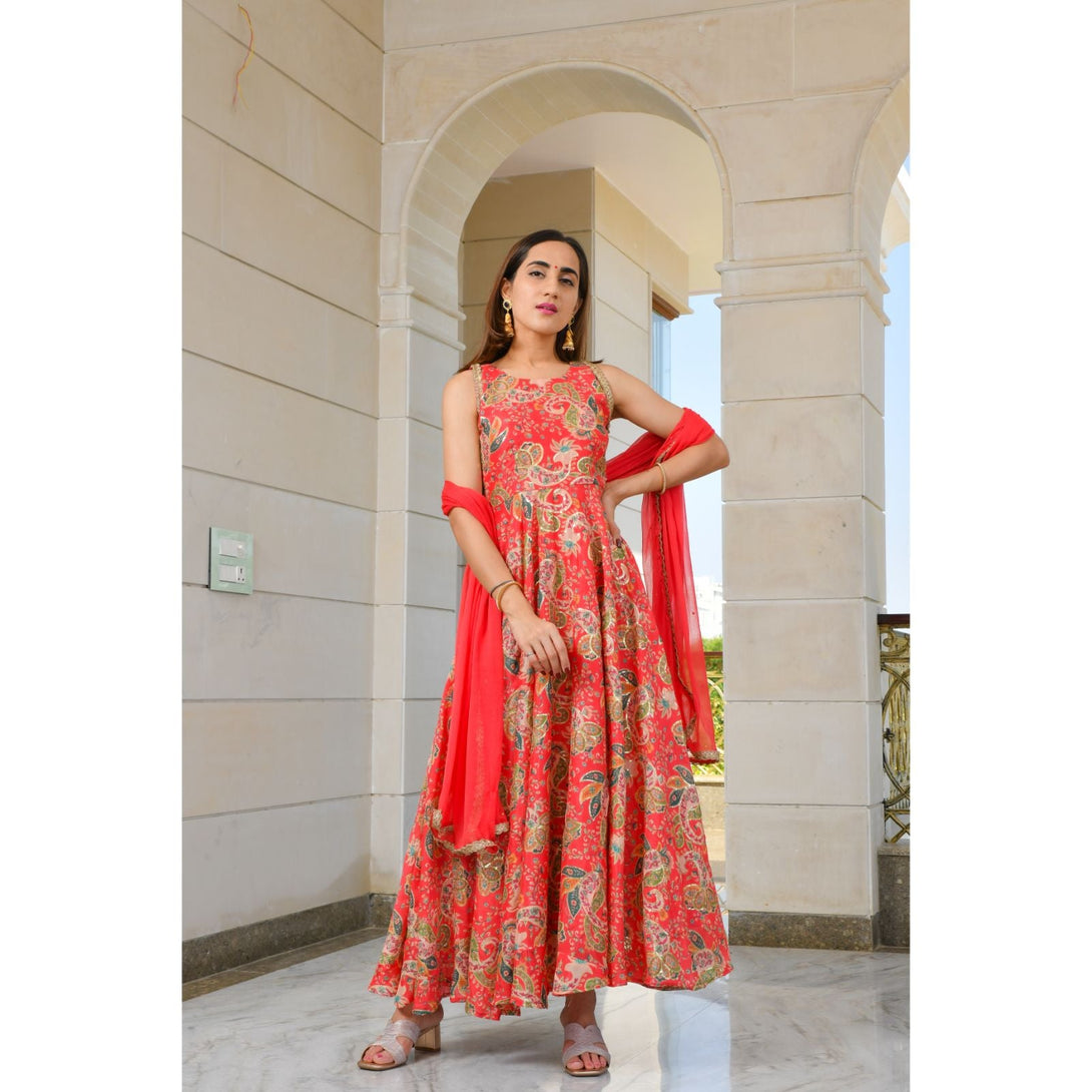 Women's Red Sequined Anarkali Kurta With Dupatta - Rangpur