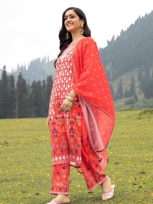 Women's Red Digital Print Kurta Palazzo With Dupatta - Aks