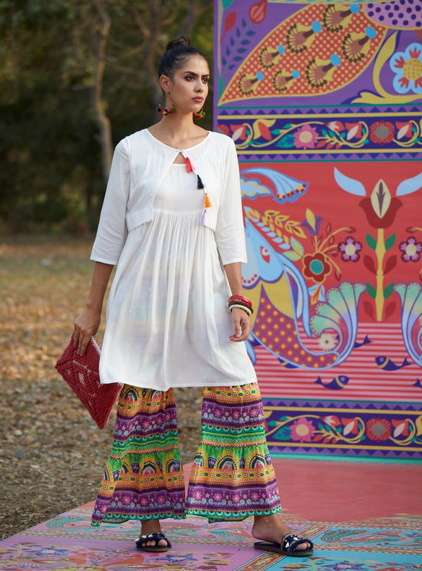 Women's White Kurta With Printed Sharara - Aks