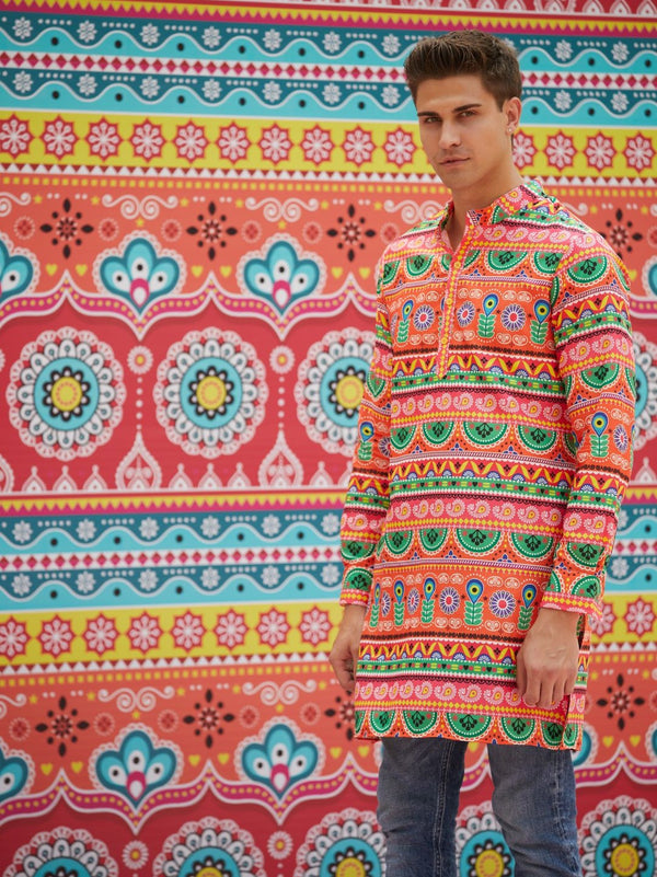 Men's Orange Green Floral Print Kurta - Aks Men