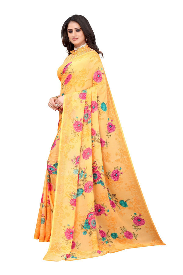 Women's Orange Printed Georgette Saree - Vamika