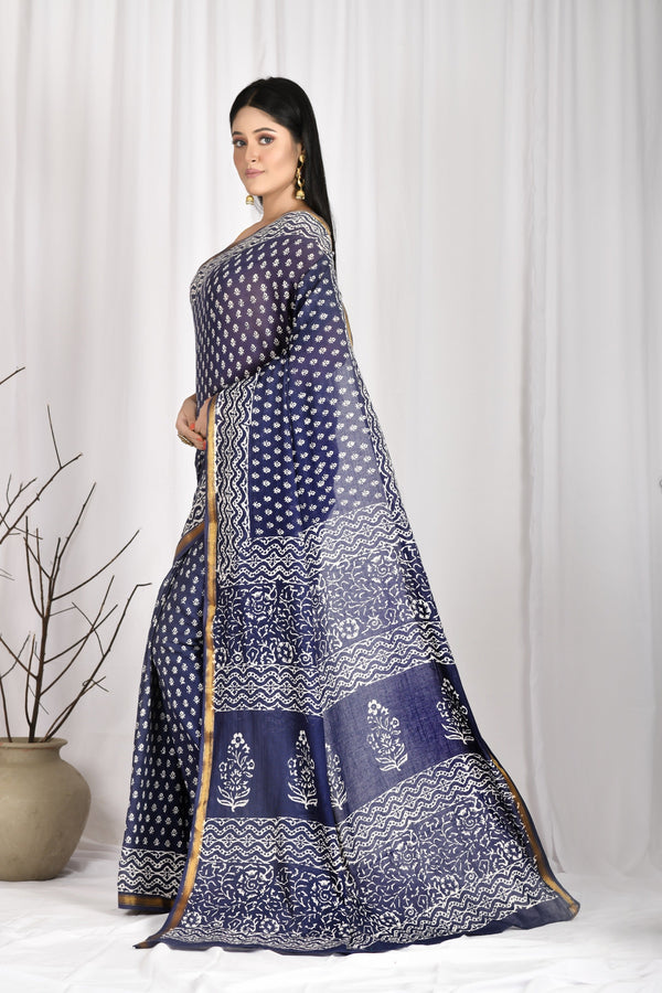 Women's Hand Block Printed Navy Blue Cotton Mul Mul Zari Boarder Saree With Blouse - Saras The Label