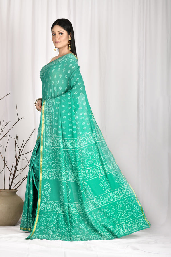 Women's Hand Block Printed Green Cotton Mul Mul Zari Boarder Saree With Blouse - Saras The Label