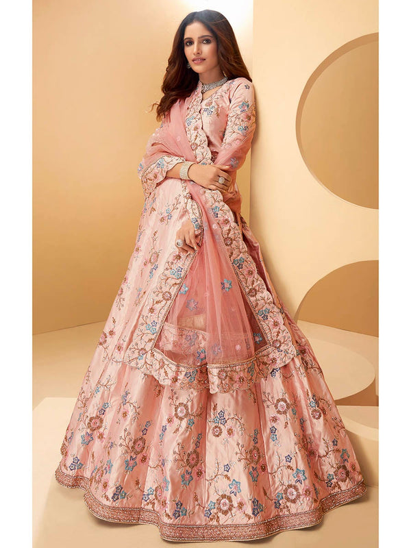 Women's Peach Silk Embroidered Lehenga-Myracouture