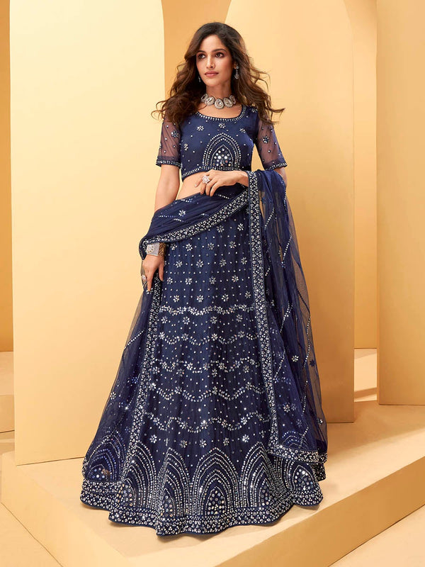 Women's Blue Heavy Embroidered net Designer Lehenga-Myracouture