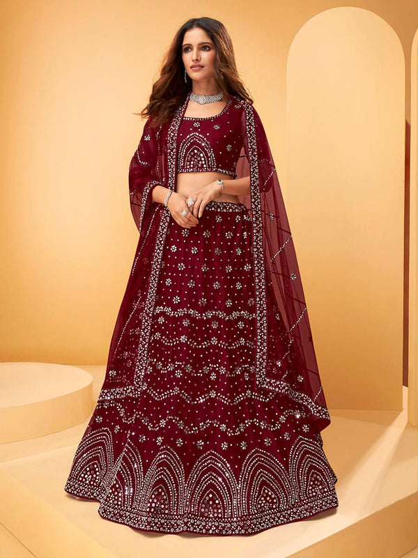 Women's Maroon Heavy Embroidered net Designer Lehenga-Myracouture