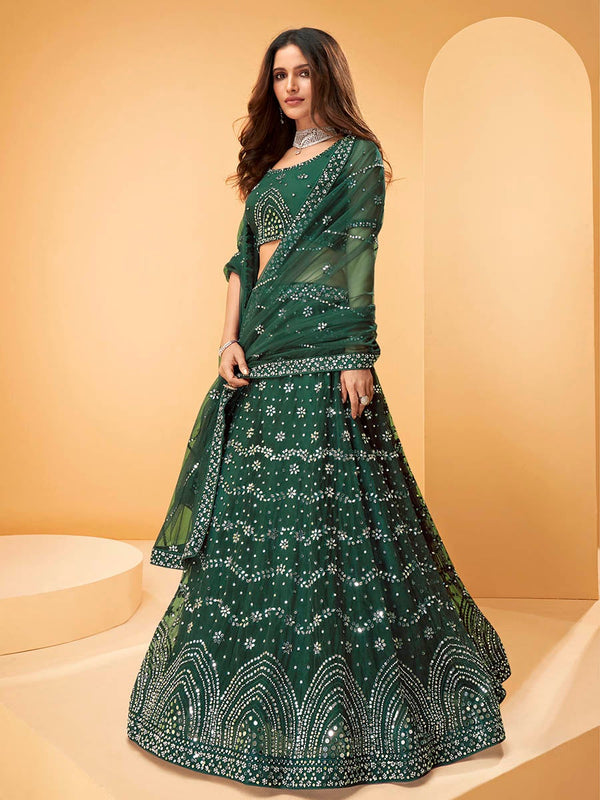 Women's Green Heavy Embroidered net Designer Lehenga-Myracouture