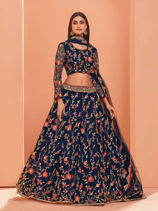 Women's Blue Heavy Embroidered Lehenga-Myracouture