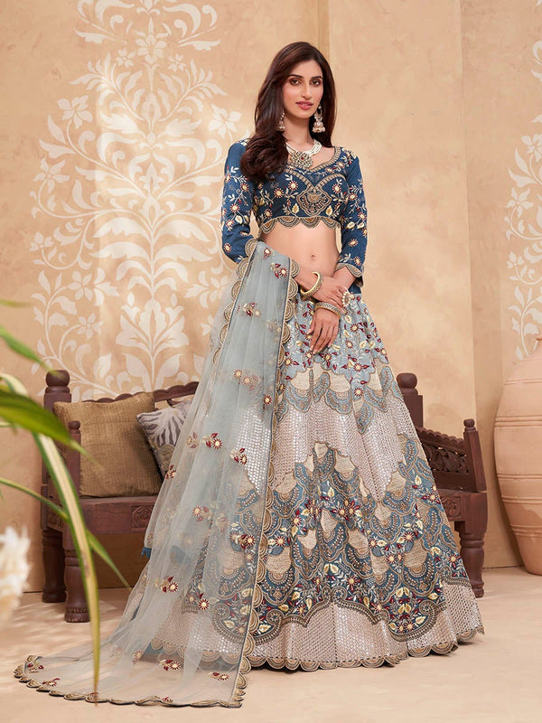 Women's Teal Blue Heavy Embroidered Designer Lehenga-Myracouture