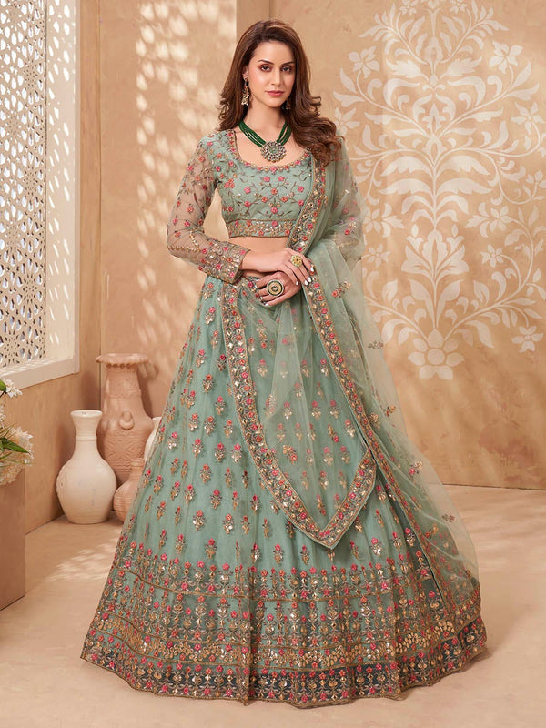 Women Mint Green Embroidered Lehenga Choli by Myracouture (3pcs Set)