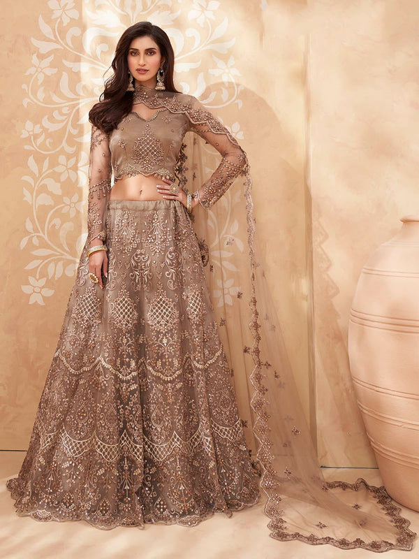 Women's Brown Heavy Embroidered Net Lehenga-Myracouture