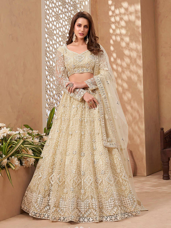 Women's Pale Yellow Heavy Embroidered Net Lehenga-Myracouture