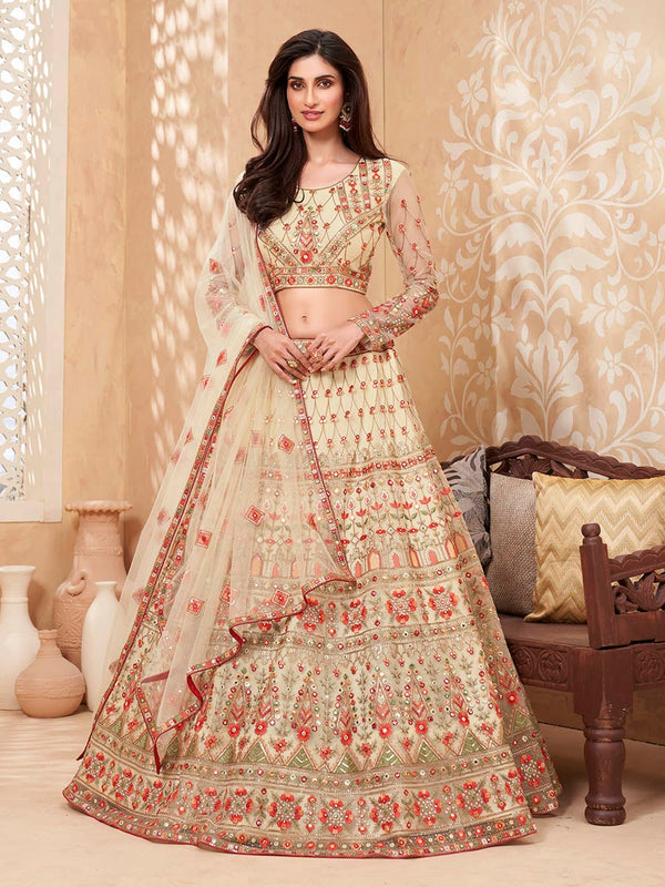 Women's Pale Yellow Heavy Embroidered Net Lehenga-Myracouture