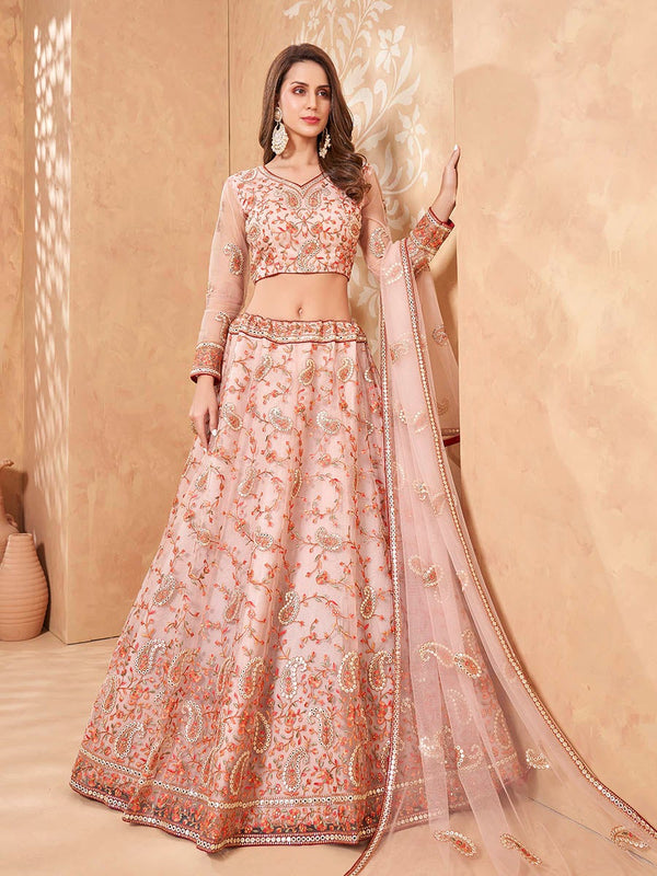 Women's Pink Heavy Embroidered Net Lehenga-Myracouture