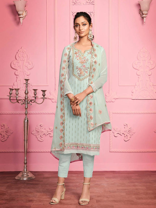 Women's Misty Teal Georgette Salwar Kameez-Myracouture