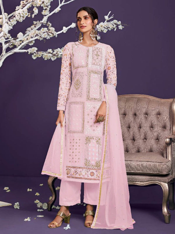 Women's Light Pink Floral Thread Embroidered Palazo Suit-Myracouture