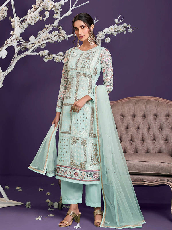 Women's Sea Green Floral Thread Embroidered Palazo Suit-Myracouture