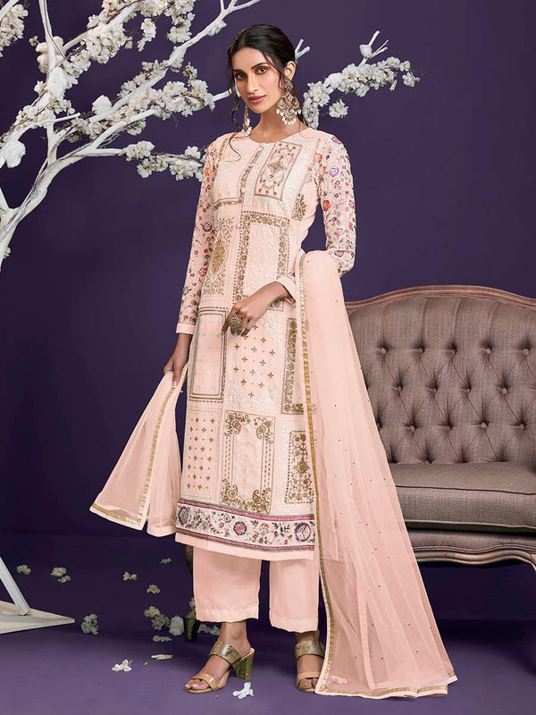 Women's Light Peach Floral Thread Embroidered Palazo Suit-Myracouture