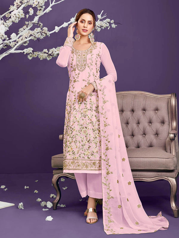 Women's Light Pink Floral Thread Embroidered Palazo Suit-Myracouture