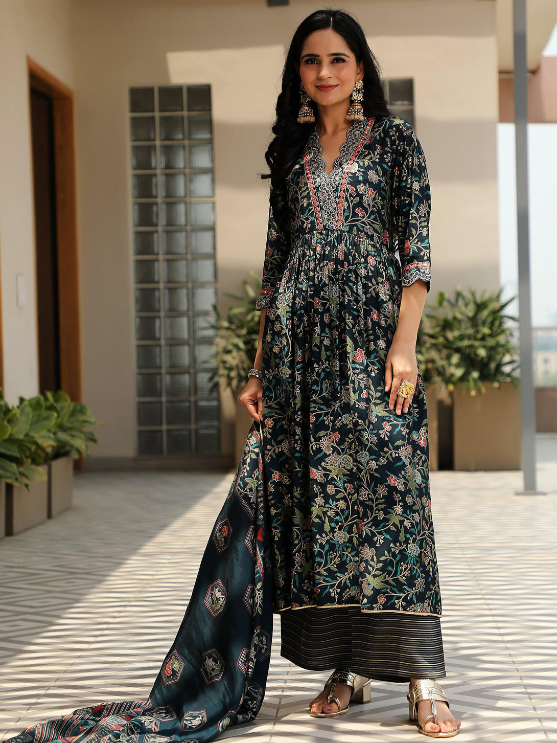 Blue Printed Silk Blend A-Line Kurta With Palazzos & Dupatta - Jashvi