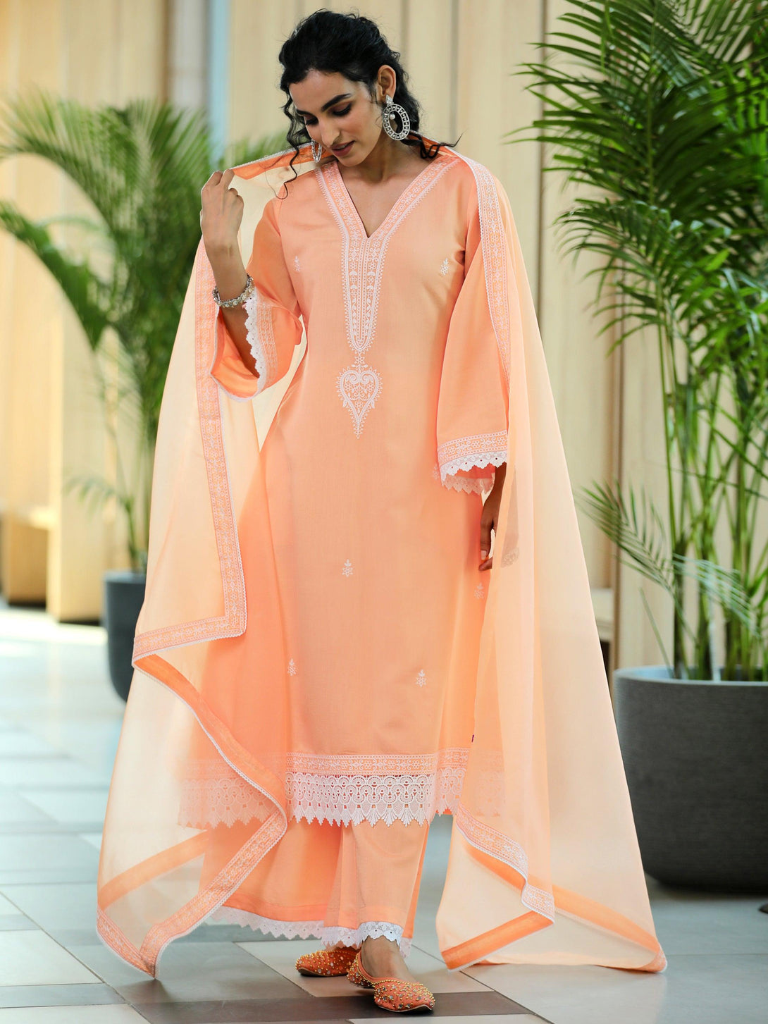 Peach Embroidered Silk Blend A-Line Kurta With Palazzos & Dupatta - Jashvi